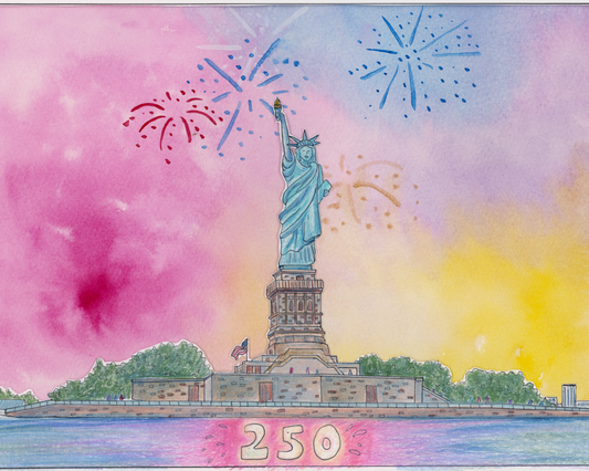 Colorful illustration of the Statue of Liberty with fireworks against a pink and yellow sky.